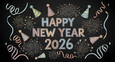 Happy new year 2026 celebration with fireworks and party hats