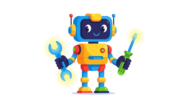 Cheerful Robot Technician With Tools Performing Automated Repair Services