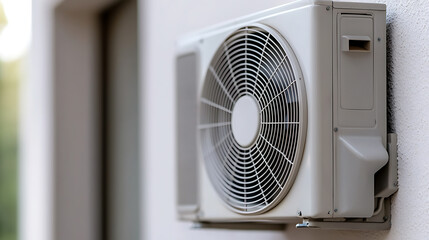 An outdoor air conditioning unit efficiently cools and heats buildings, providing comfort with a fan and sleek design. A modern necessity for climate control.