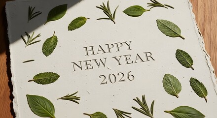 Happy new year 2026 greeting card with fresh herbs and foliage