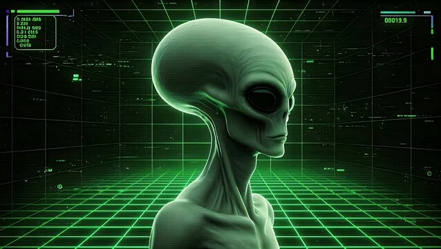 Futuristic Alien Portrait in Green Grid Digital Space