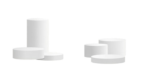 Two sets of white cylindrical podiums or display stands of varying heights, isolated on transparent background