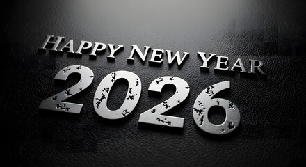 Happy new year 2026 metallic numbers on dark textured background