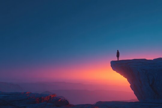 A lone figure silhouetted against a vibrant sunset on a cliff edge, creating a sense of solitude and introspection with nature's beauty.