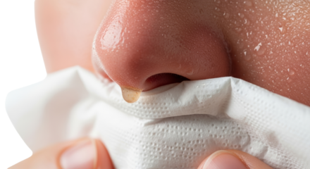 Close-up of person holding tissue to nose with cold symptoms concept  