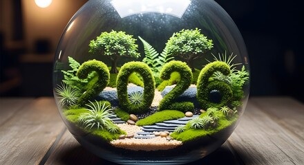 Green 2020 number terrarium display with lush plants and moss