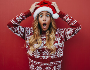 Surprised woman in Christmas sweater and Santa hat against a red background.