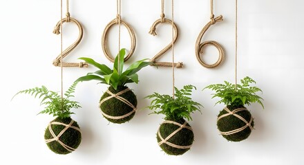 Hanging 2026 numbers with kokedama plants against white wall