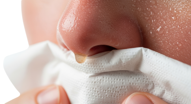 Close-up of person holding tissue to nose with cold symptoms concept  