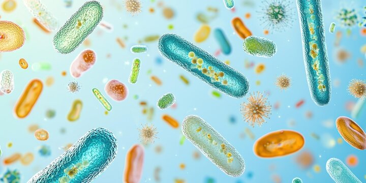 Various bacteria and viruses with different shapes and colors are floating in a light blue environment. AI.