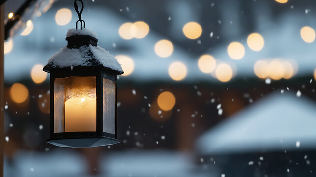 Winter serenity captured in a snow-dusted lantern, its soft glow illuminating the falling snow and cozy ambiance. A peaceful scene, inviting warmth in the cold season.