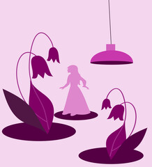 Flowers in the foreground, a lamp from the ceiling, in the background there is a silhouette of a woman, the picture is in shades of purple.
