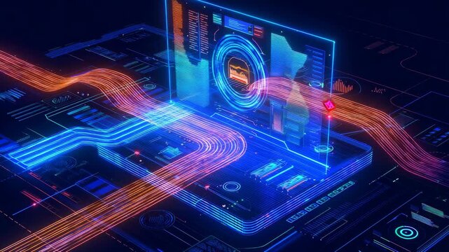 Abstract 3D illustration of a futuristic digital interface with glowing data streams, analytics charts, and holographic elements, symbolizing modern technology, innovation, and big data processing. - Powered by Adobe