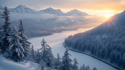 A breathtaking snowy mountain range at sunrise, golden light reflecting on the snow, pine trees covered in frost, a frozen river winding through the valley