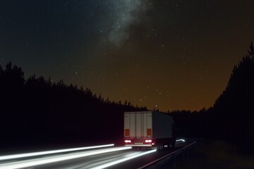 Truck driving on night highway with long exposure light trails and starry sky.