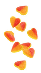Falling Gummy candy heart, isolated on white background, full depth of field