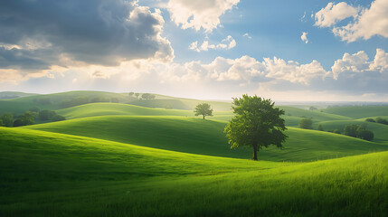 Fototapeta premium Blue sky with white clouds over a green meadow and rolling hills in a bright summer landscape