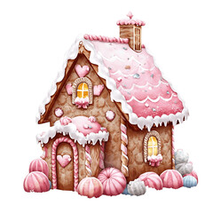 Cute Pink Gingerbread  Candy House, Watercolor Gingerbread House with Sweets and Christmas Decorations