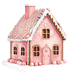 Cute Pink Gingerbread  Candy House, Watercolor Gingerbread House with Sweets and Christmas Decorations