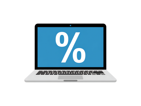 A laptop screen displays a large percentage symbol, symbolizing digital commerce and savings.