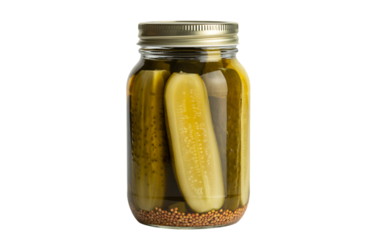 A whole dill pickle sits preserved in a glass jar filled with brine and mustard seeds.