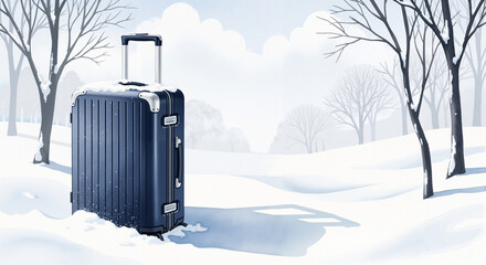 Suitcase standing in snowy landscape with trees in winter