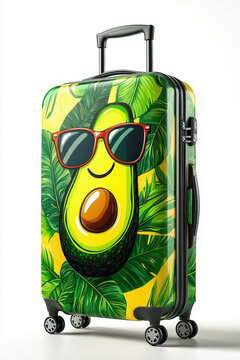 Bright suitcase with funny avocado wearing sunglasses print, travel and vacation concept.