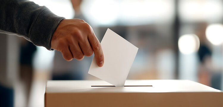 Close-up of a hand depositing a ballot into a box, symbolizing democratic participation and civic duty. The act of voting signifies the power of individual choice.