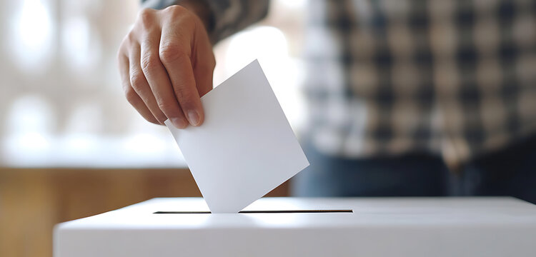 Close-up of a hand casting a ballot into a white box. An important civic act ensuring democratic participation. Every vote counts, shaping the future, one ballot at a time.