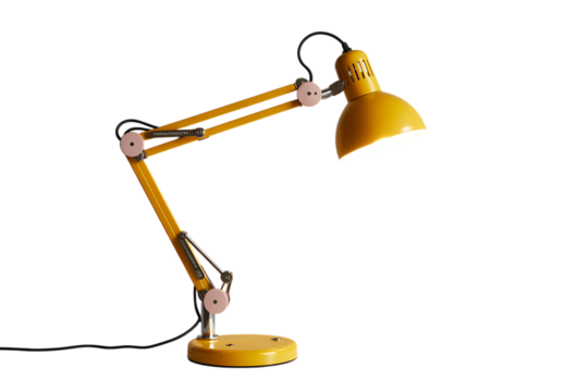 A bright yellow adjustable desk lamp is illuminated on a white background.