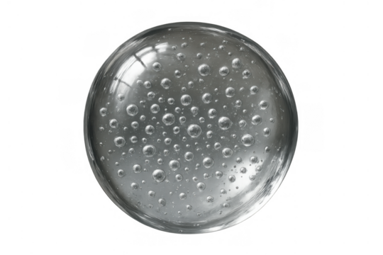 Glass sphere with embedded air bubbles, transparent crystal orb capturing light and reflections