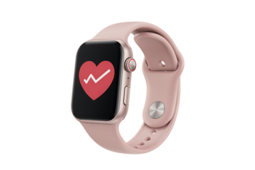 A modern pink smartwatch displays a heart rate monitor with a graphic heartbeat.