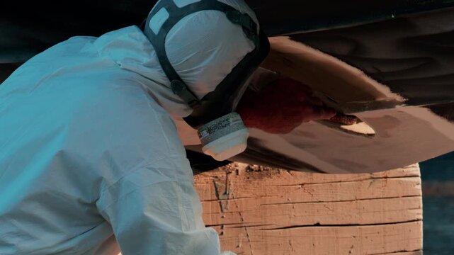 Cannes, France - October 11, 2025: Two workers wearing protective white suits and respirators sand and repair the hull of a boat in dry dock