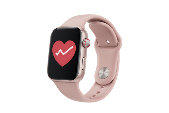 A modern pink smartwatch displays a heart rate monitor with a graphic heartbeat.