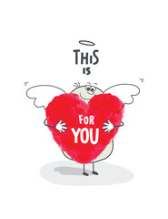 Vector hand drawn cartoon sketch of Angel who gives love as a gift for you. Angels advise and draw our attention by creating a seed of love.Thinking positive.