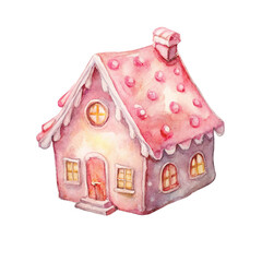 Cute Pink Gingerbread  Candy House, Watercolor Gingerbread House with Sweets and Christmas Decorations
