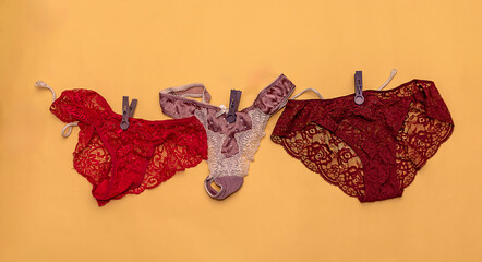 Sexy colorful silk lace material panties hanging on a string