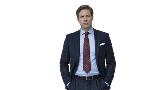 A confident businessman in a suit poses with his hands in his pockets.