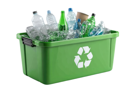 Green recycling bin overflowing with various plastic bottles, glass bottles, and a paper cup