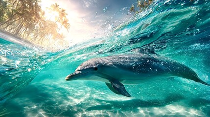Obraz premium Dolphin swimming underwater near tropical island beach