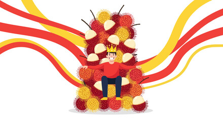 Naklejka premium A Cheerful Figure Seated on a Rambutan Throne with Festive Streams of Color