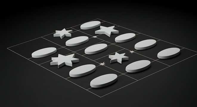 Abstract 3D Tic-Tac-Toe Game with Stars and Ovals on a Grid. - Powered by Adobe
