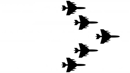 Five Airplanes Flying in Formation Animation from left to right— 4K Animation on White Background