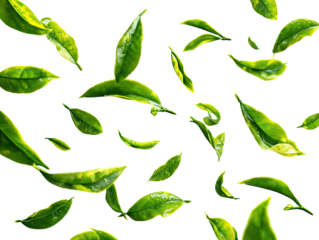 Fresh tea leaves, vibrant green, scattered pattern