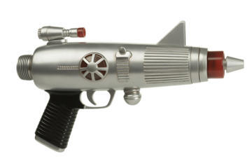 A retro-futuristic ray gun toy showcases advanced scientific concepts and a vintage aesthetic.