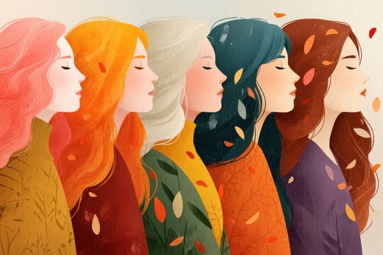 Stylized illustration of five diverse women with colorful hairstyles