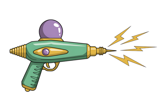 A retro ray gun emits bright yellow lightning bolts from its barrel.