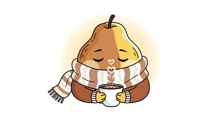 Fototapeta premium Cozy Pear Enjoys Hot Drink While Wrapped In a Scarf, Perfect Winter Theme