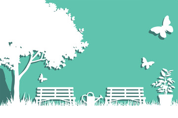 Naklejka premium tree bench park garden papercut vector illustration silhouette teal background