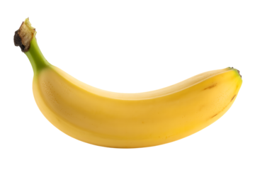 A single, ripe yellow banana is presented against a clean white background.